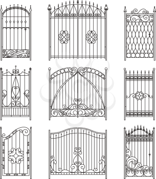 Iron gates with decorative elements. Vector monochrome pictures set. Fence and gate wrought silhouette, elegance collection fence border illustration