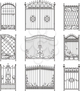Vector pictures of iron doors or gates with swirls, borders and other decorative elements. Steel vintage forging gate and fence monochrome illustration