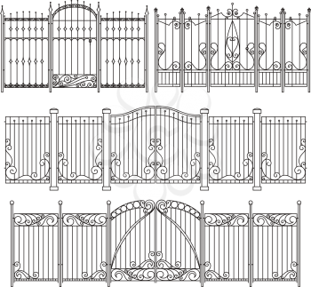 Iron gate and fence design with different decorative elements. Vector illustrations gate and fence board protection