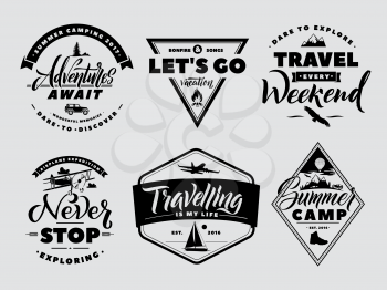 Labels set of adventure and nature explore. Outdoors camp and wildlife. Vector monochrome illustrations. Vintage traveling expedition logo and badge