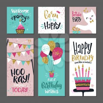 Set of greetings cards. Invitation for birthday party. Vector design template with hand writings words. Invitation typography birthday celebration illustration