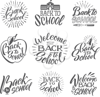 Back to school. Set of hand writing words and letters. Welcome to school writing sketch text, vector illustration