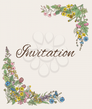 Template for invitation. Card with angular decoration from hand drawn herbs and flowers. Vector illustration
