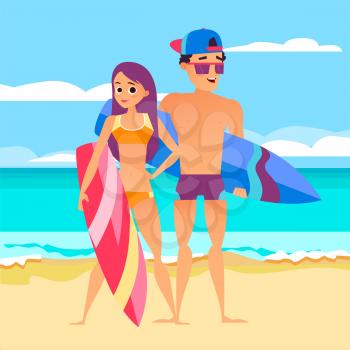 Surfing summer vacation, Guy with a girl on the beach holding their surfboards. Summer beach, man and woman travel surfboard illustration