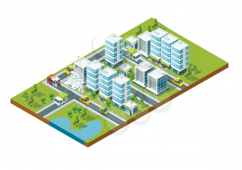 Isometric perspective city with streets, houses, skyscrapers, parks and trees. Skyscraper isometric map street, vector illustration