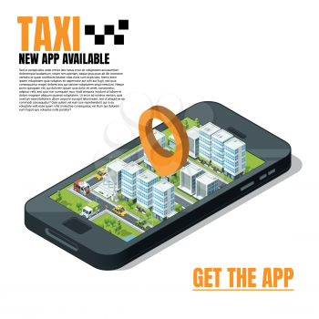 Mobile phone with city landscape. Online taxi advertising template. Phone service taxi app, vector illustration