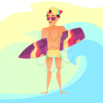 Surfing summer vacation, Surfer guy with surfboard. Cartoon style. Vector illustration
