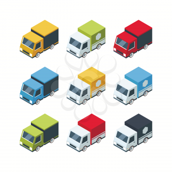 Set of isometric cartoon-style cargo cars. 3d transportation auto. Vector illustration