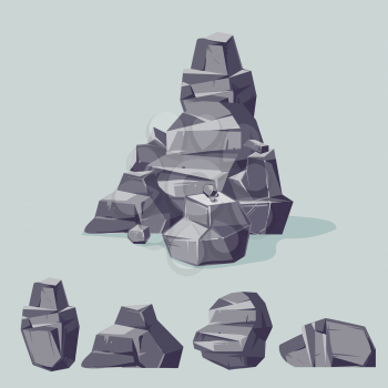 Set of mountain gray rocks. Cartoon isometric 3d flat style. Set of different boulders. Vector illustration