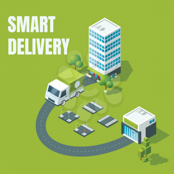 Smart delivery vector concept. Car driving from warehouse to store. Isometric cartoon-style illustration