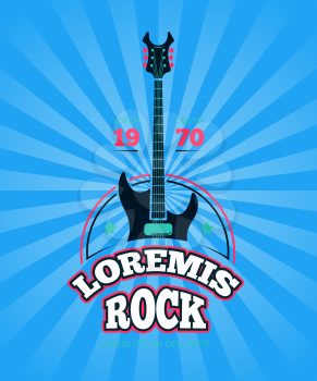 Retro rock music club, shop, sound record studio vector logo, badge with guitar on sunburst background illustration