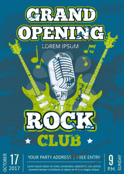 Retro vector opening rock music club vintage poster with shabby music guitars and microphone logo on grunge texture illustration