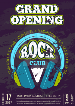 Retro vector opening rock music club, music shop vintage poster or flyer with headphones on grunge texture illustration