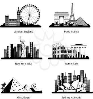 Vector silhouette set with panoramas of famous landmarks. Black silhouette of cityscape famous city building illustration