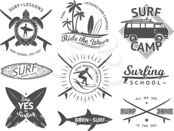 Vector elements for labels or badges. Surfing, hawaii surfboard and sea. Monochrome illustration set. Surfer monochrome emblem of set