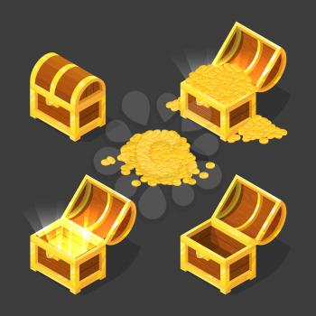 Wooden old chest, closed and opened, with gold and different treasures. Vector pictures in cartoon style for game design projects. Gold coins in wooden chest illustration