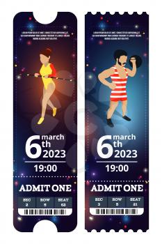 Circus tickets design. Vector illustrations in cartoon style. Circus ticket card for admit one