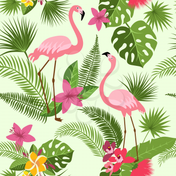 Vector seamless pattern with flamingo, tropical flowers and palm tree. Summer hawaiian background. Tropical summer hawaiian pattern with flamingo and palm illustration