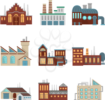 Industrial factory buildings with pipe and bad environment. Vector eco factory building power production illustration