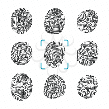 Set of different fingerprints. Police scanner for criminal identity. Vector monochrome illustrations. Finger print for security and identity