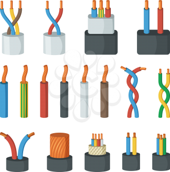 Electrical cable wires, different amperage and colors. Vector illustrations in cartoon style. Connection cable power colored for network and electricity