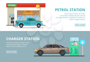 Car charging electricity, and petrol gas station. Vector illustrations in cartoon style. Transportation car to gas station