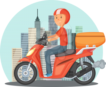 Fast delivery concept illustration. Urban landscape with modern buildings and motor bike or scooter. Motor delivery service vector