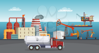 Background illustration of petroleum industry. Oil refinery, terminal of production. Petroleum manufacture building in sea vector