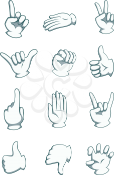 Cartoon hands in different positions. Vector body part illustrations isolate on white. Cartoon human palm, hand with thumb up