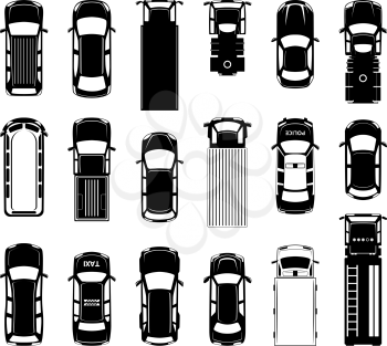 Top view of different roof cars on the road. Black vector icons of automobiles. Sedan monochrome transport, illustration of collection different automobile
