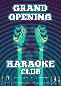 Vector karaoke club poster with retro microphones on radio signal circles background. Grand opening club illustration