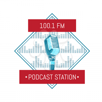 Vector podcast station logo with microphone on sound waves background. Radio station retro vintage label illustration