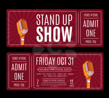 Vector stand up show tickets with retro microphone on sunburst background. Humor entertainment and perform illustration