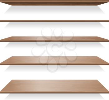 Brown wood shelves with shadows. Furniture wooden empty bookshelf on wall, vector illustration