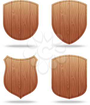 Set of empty wooden shapes. Vector collection of wood shield, illustration of empty banner frame