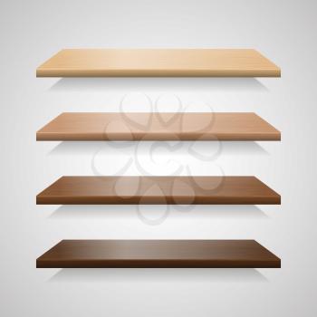 Set of wood shelves with shadows. Wooden interior bookshelf collection, vector illustration