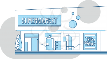 Supermarket showcase and ads illustration, thin line style. Business retail market vector