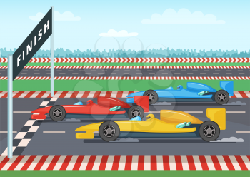 Race cars on finish line. Sport background illustration. Car speed winner, checkered finishing line vector