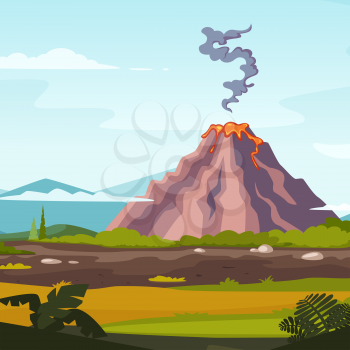 Wild landscape with volcano and lava. Cartoon background for game design projects. Volcano eruption landscape nature, vector illustration