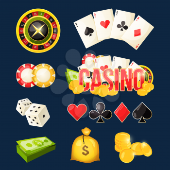 Cartoon icon collection of different games tools. Casino elements money coins and sack. Vector illustration