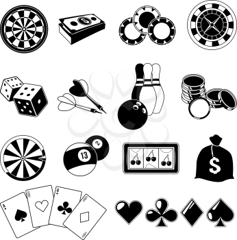 Gambling, card games, and different casino entertainments. Monochrome illustrations set. Vector silhouettes casino and poker game symbol, play and fortune