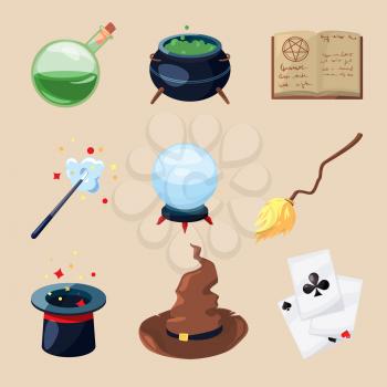 Different symbols of wizards and magicians. Mystery book, magic parchment and wand. Vector icons set in cartoon style. Magic book and paranormal magical wizard illustration