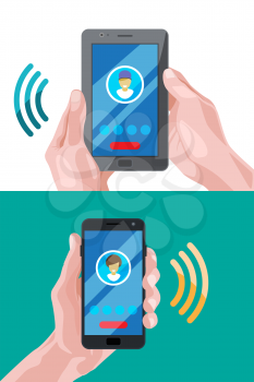 Concept pictures of business connection at telephones or smartphones. Vector communication with smartphone mobile illustration