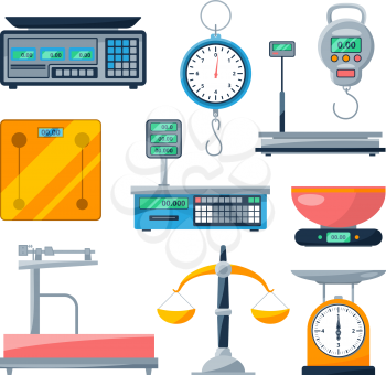 Electronic, balance and other types of scales. Vector illustrations isolate. Sport and kitchen scales in cartoon style