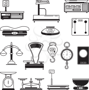 Monochrome illustrations of scales. Visualization of balance tools. Black weight scale for measurement