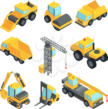 3d transport for construction industry. Vector isometric cars isolate. Industrial equipment machine transportation and construction transport illustration