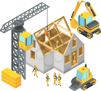 Building under construction. Isometric pictures set. Construction site development urban house structure. Vector illustration