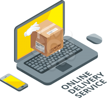 Isometric concept picture of online delivery. Real package from laptop screen. Delivery service order, buy and fast, vector illustration