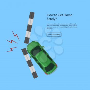 Vector car accident with footpath top view from above illustration. Transport crash auto