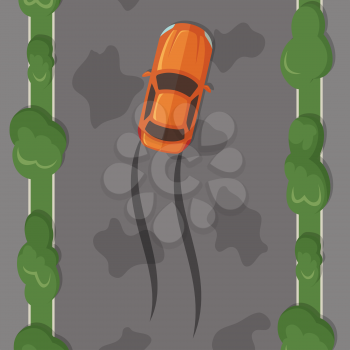 Vector car lost control on wet road with tire tracks with grass and trees on sidelines top view illustration
